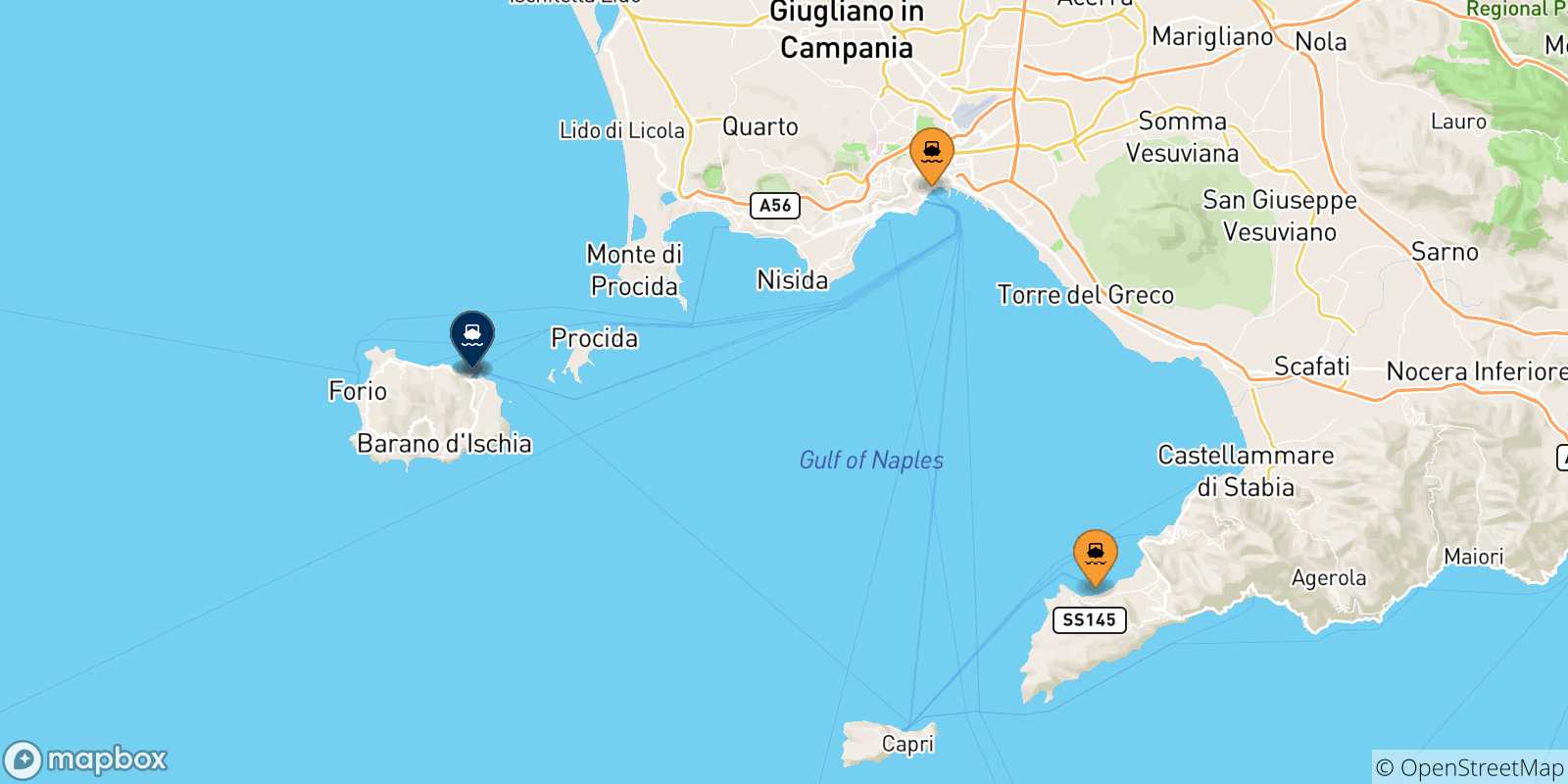 Mappa delle possibili rotte tra l'Italia e Ischia