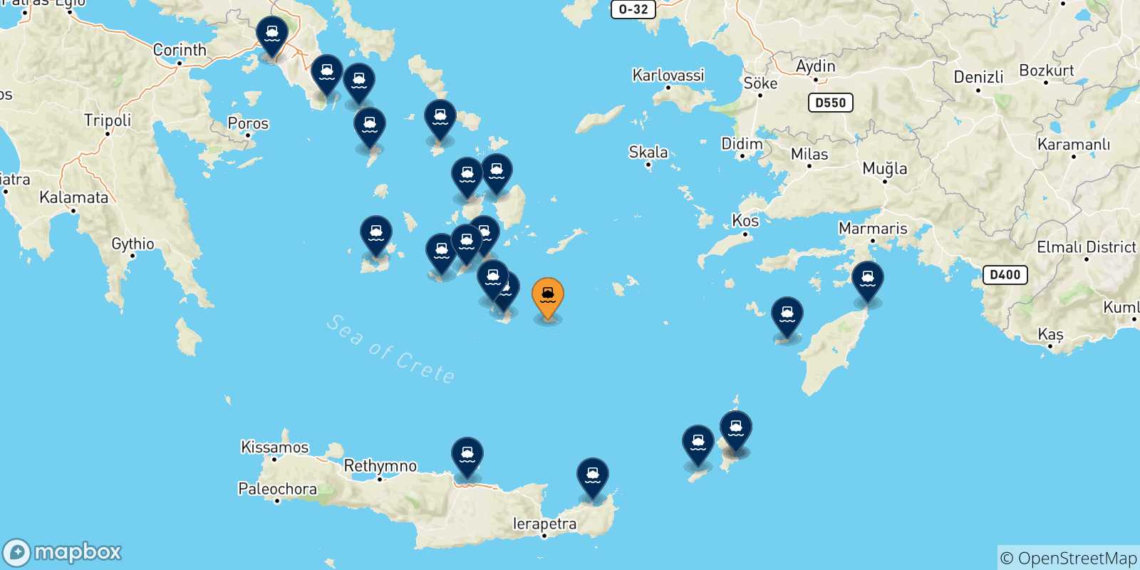 Mappa delle possibili rotte tra Anafi e la Grecia