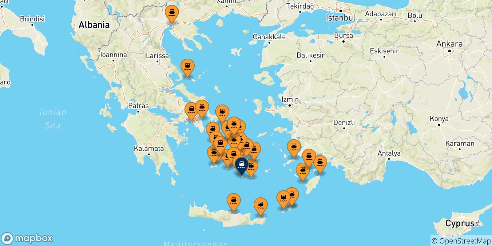 Mappa delle possibili rotte tra la Grecia e Santorini