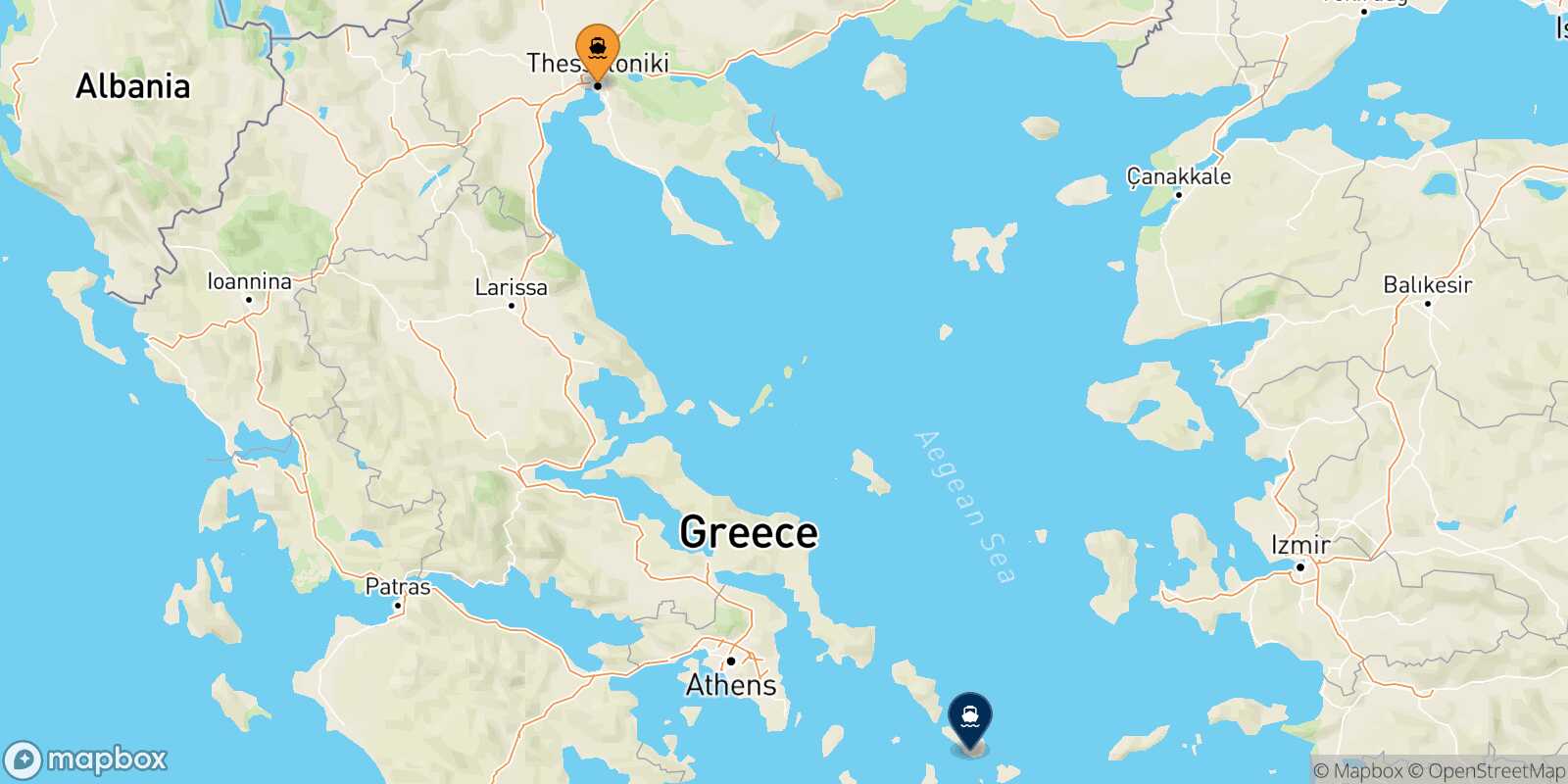 Mappa della rotta Salonicco Tinos
