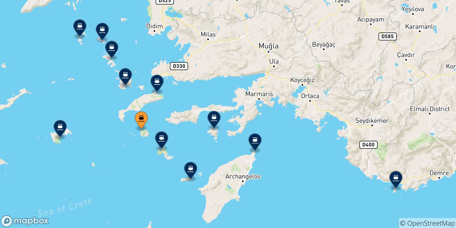 Mappa delle possibili rotte tra Nisyros e le Isole Dodecaneso