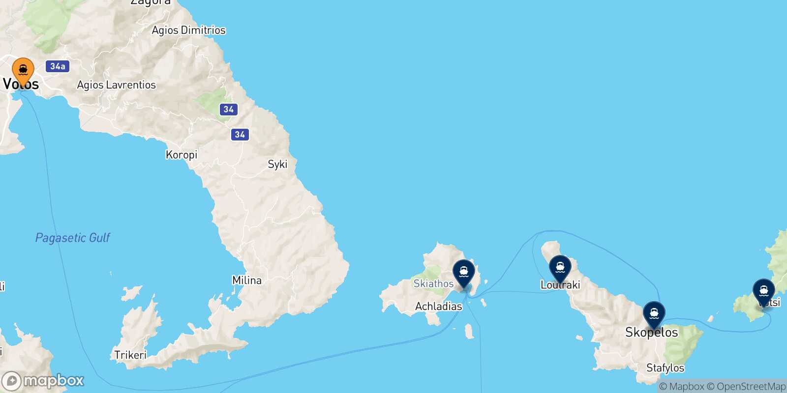 Mappa delle destinazioni raggiungibili da Volos