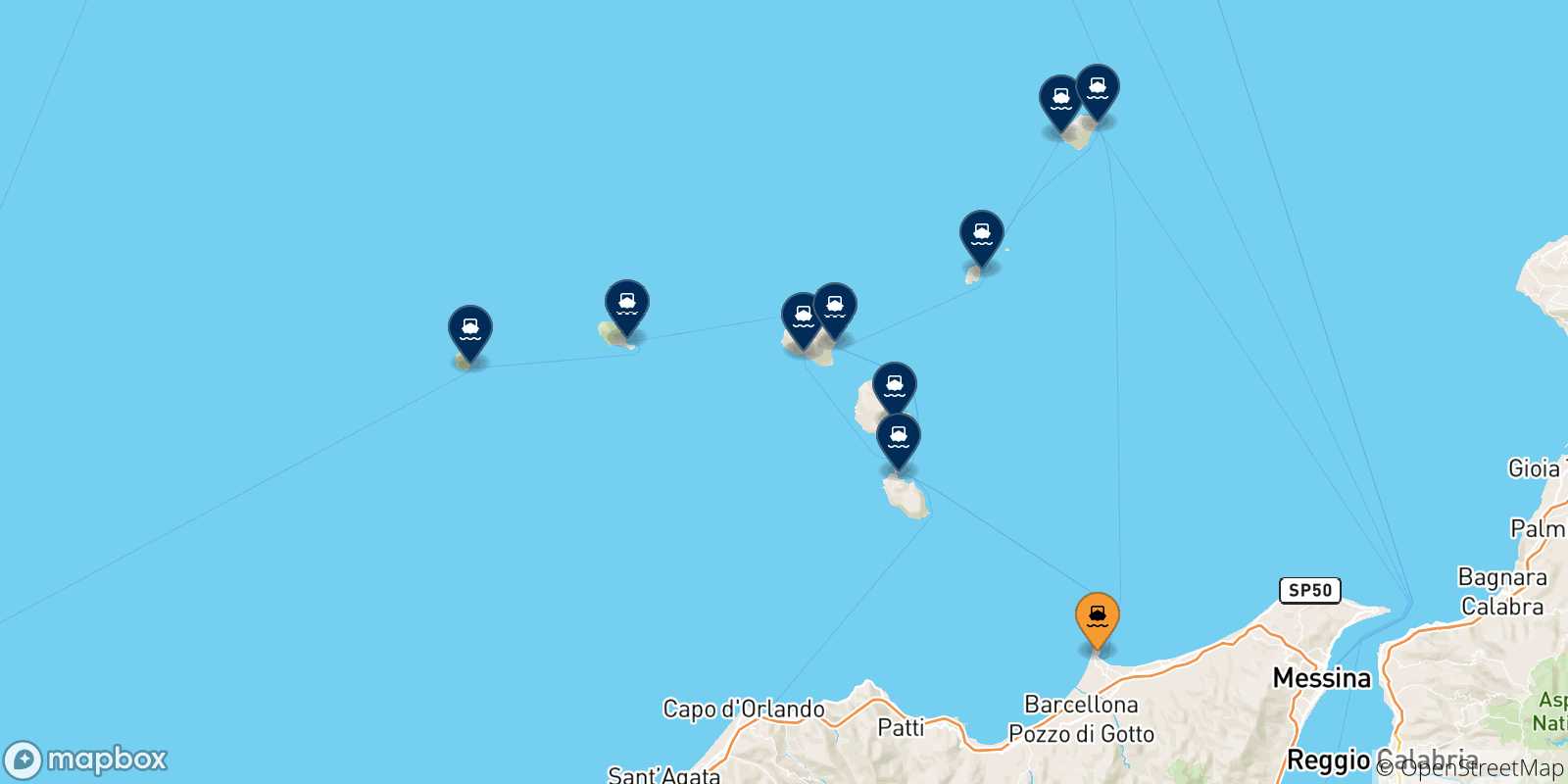Mappa delle possibili rotte tra la Sicilia e le Isole Eolie