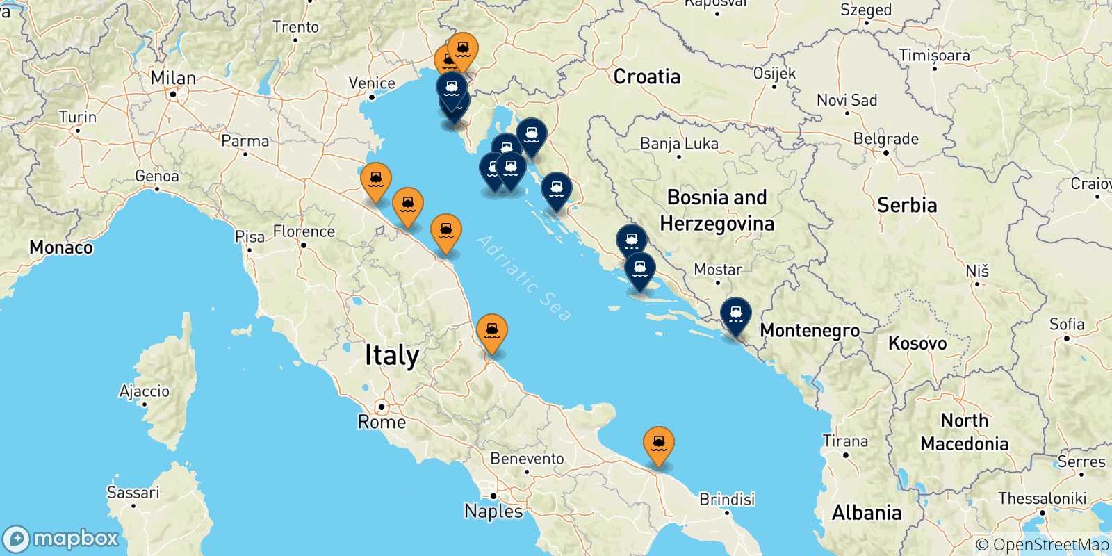 Mappa dei porti collegati con la Croazia