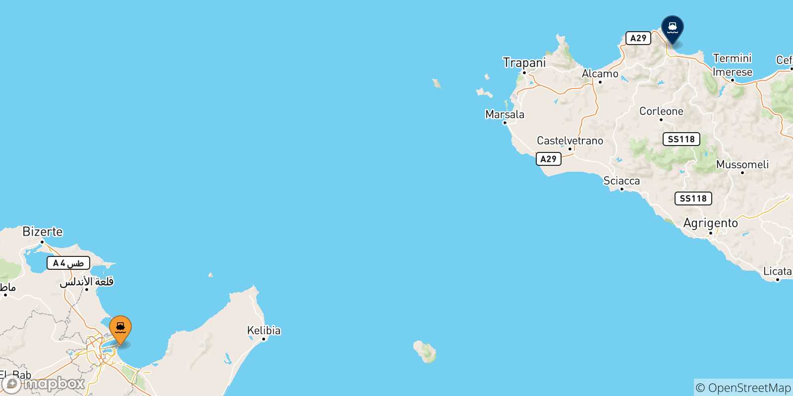 Mappa delle possibili rotte tra la Tunisia e Palermo