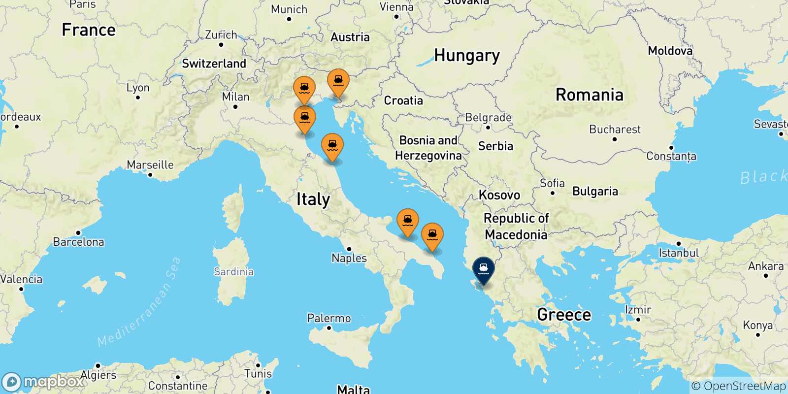 Mappa delle possibili rotte tra l'Italia e Igoumenitsa