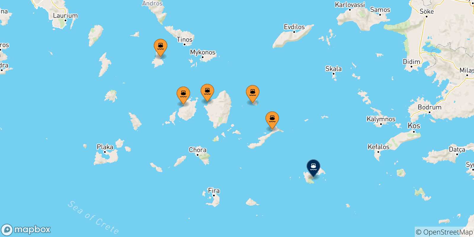 Mappa delle possibili rotte tra le Isole Cicladi e Astypalea