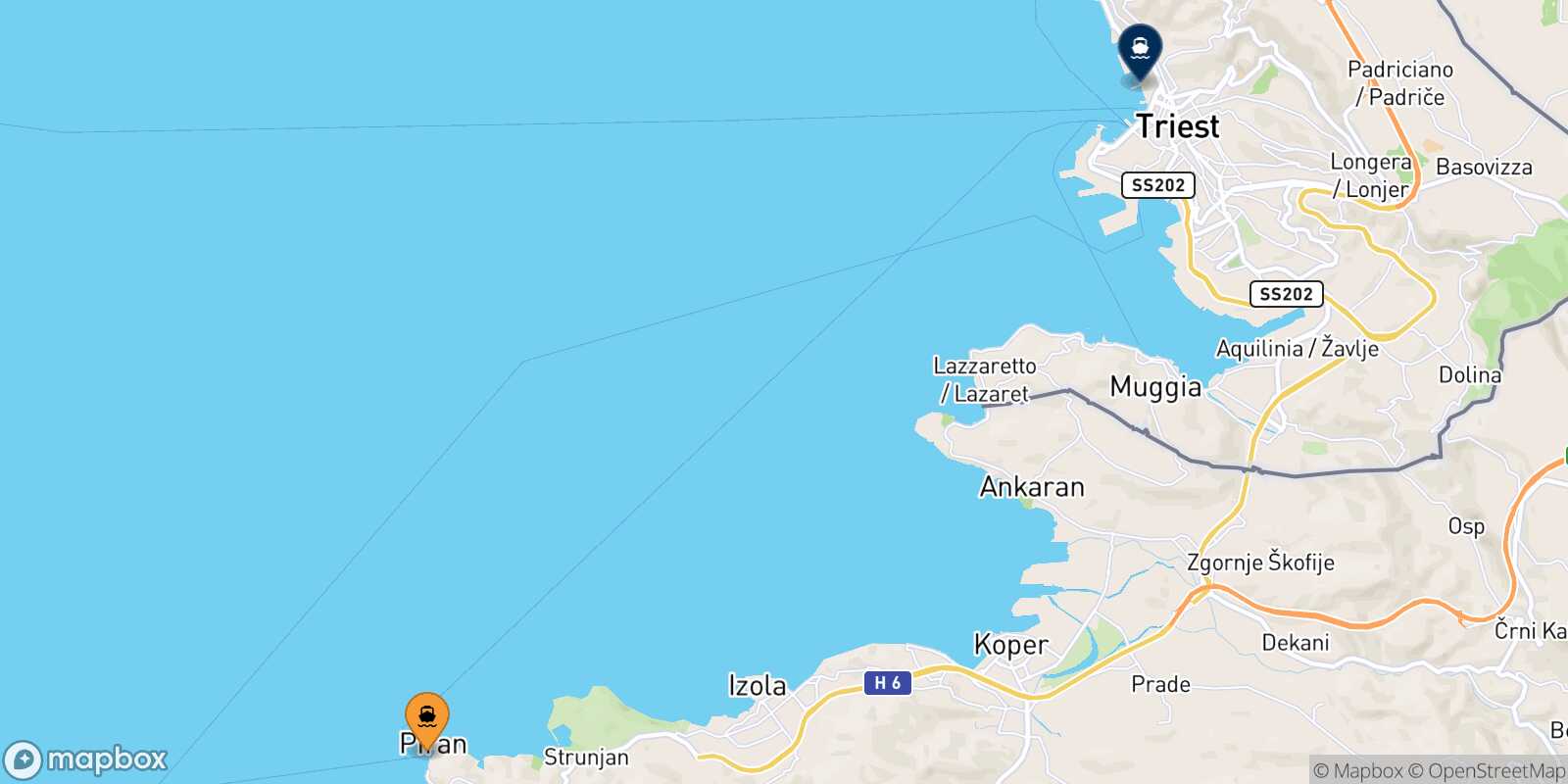 Mappa dei porti collegati con  Trieste