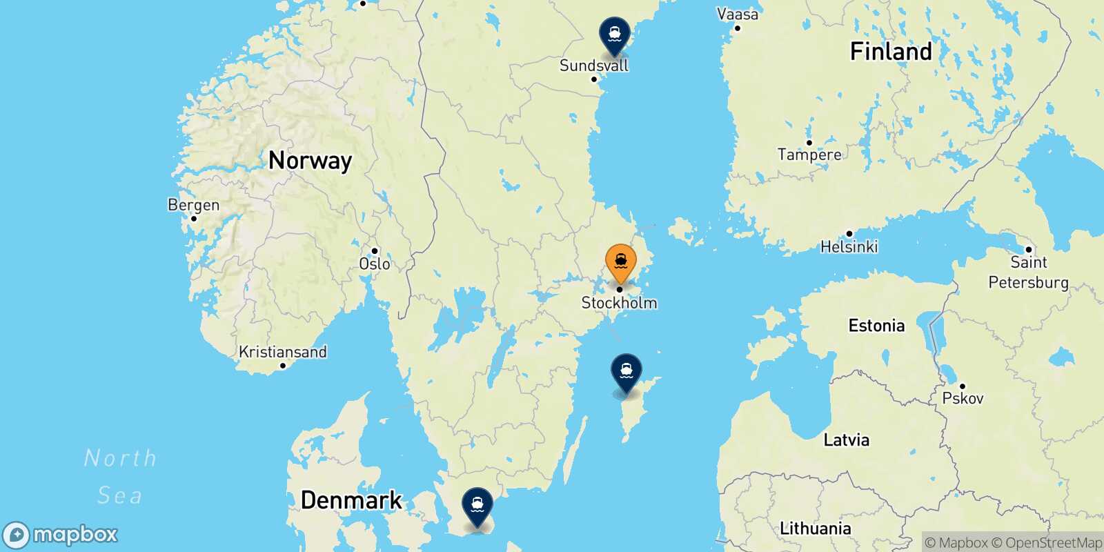 Mappa delle destinazioni raggiungibili da Stoccolma
