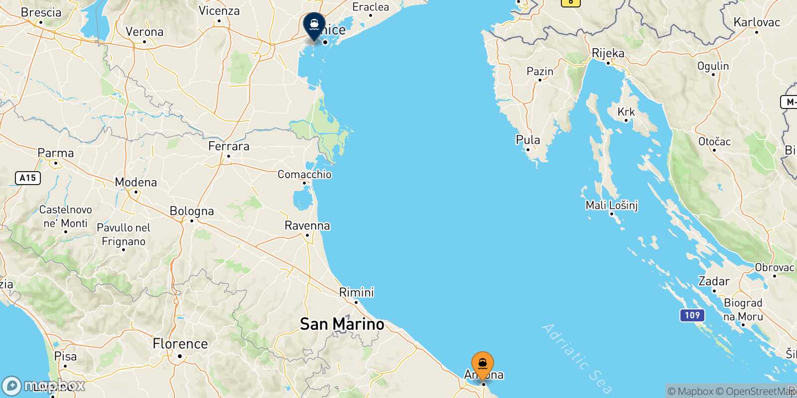 Mappa della rotta Ancona Venezia