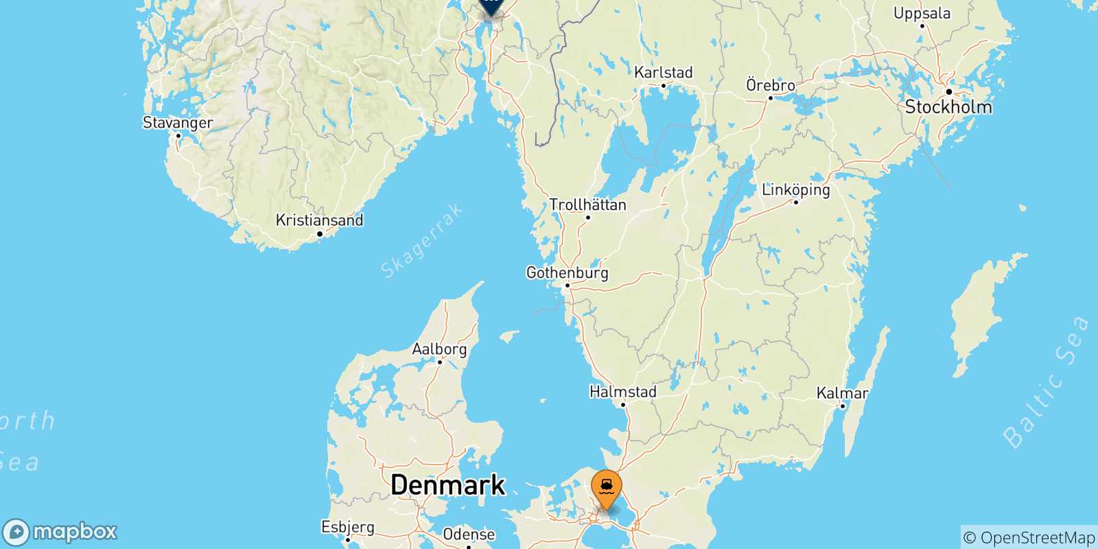 Mappa delle possibili rotte tra la Danimarca e la Norvegia