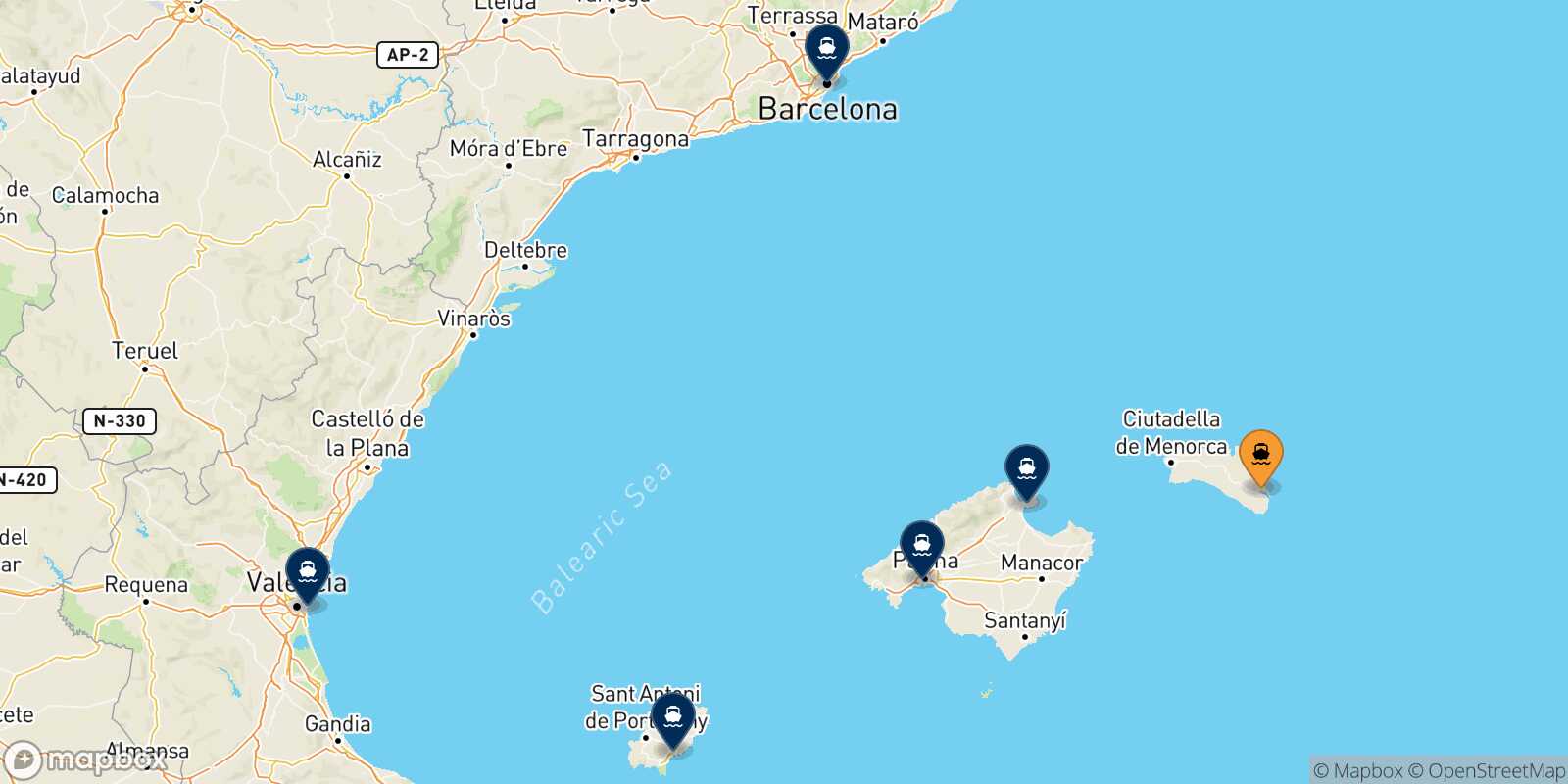 Mappa delle destinazioni raggiungibili da Mahon (Minorca)
