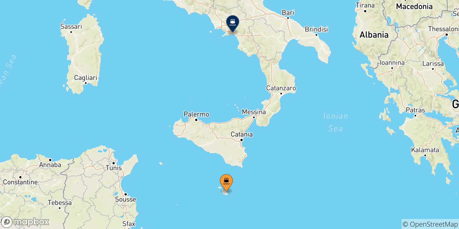 Mappa delle possibili rotte tra Malta e Salerno