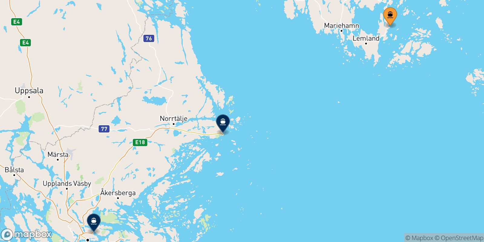 Mappa delle destinazioni raggiungibili da Långnäs