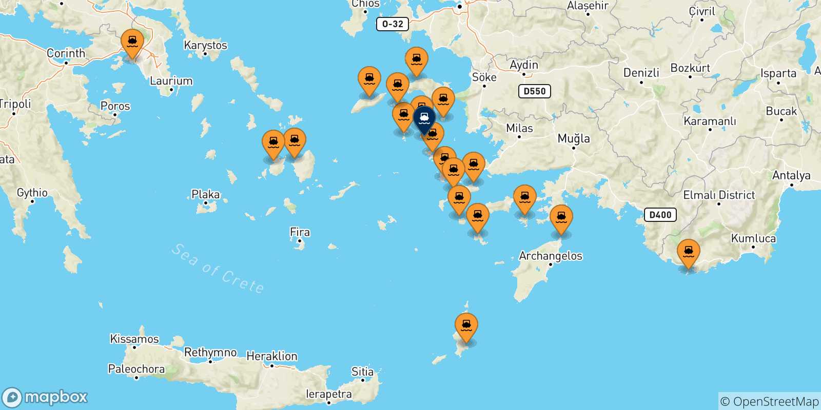 Mappa delle possibili rotte tra la Grecia e Lipsi