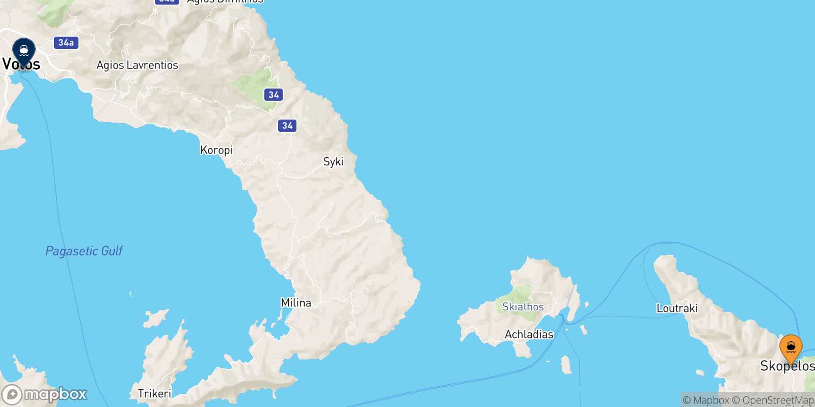 Mappa della rotta Glossa (Skopelos) Volos