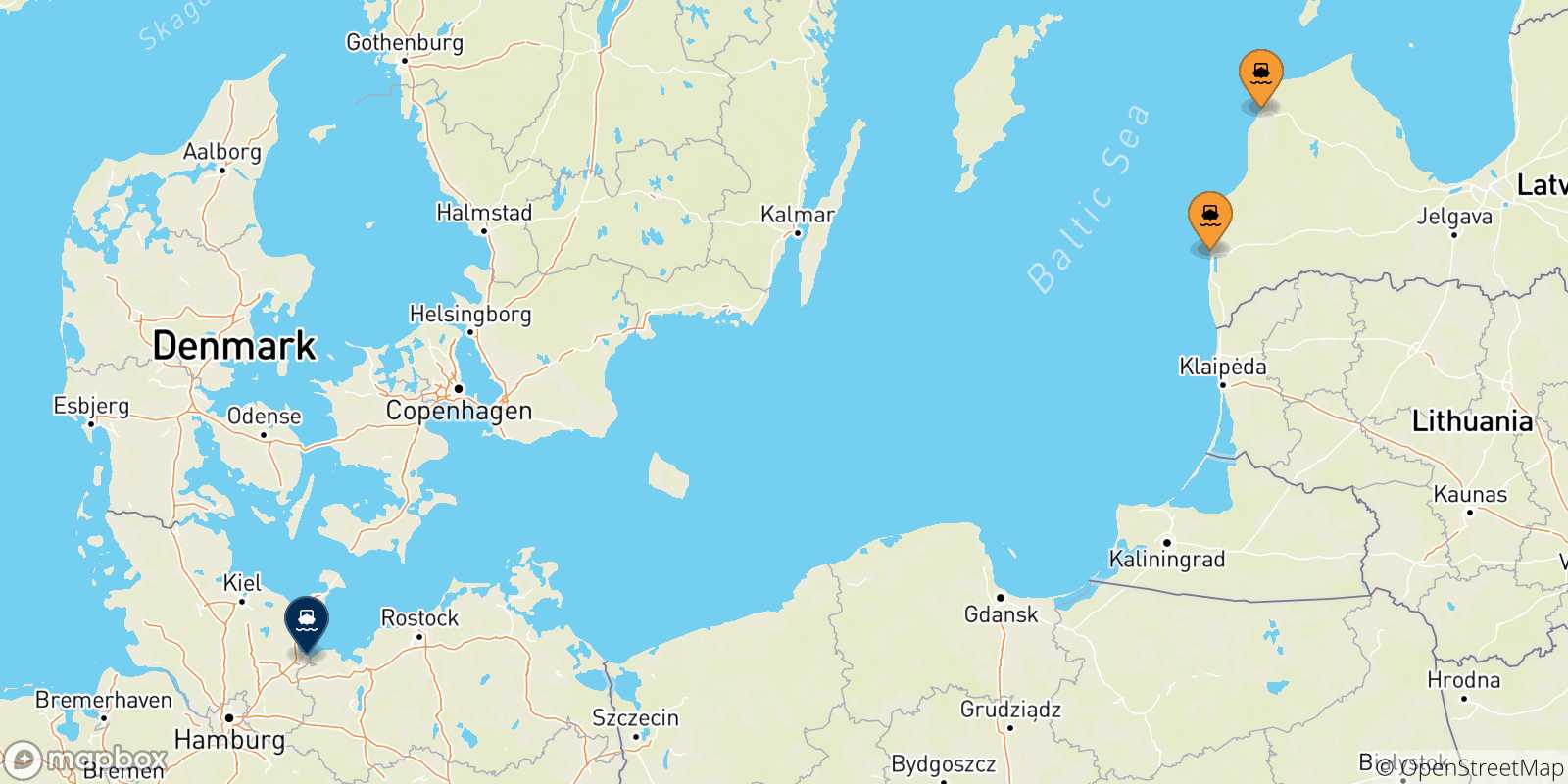 Mappa delle possibili rotte tra la Lettonia e Travemünde