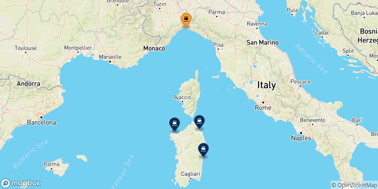 Mappa delle possibili rotte tra Genova e la Sardegna