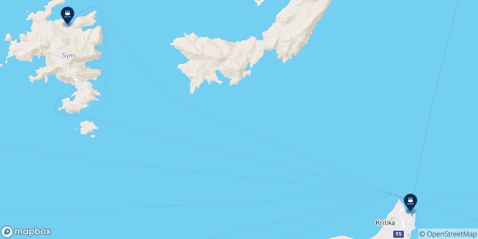 Mappa delle possibili rotte tra Datca e le Isole Dodecaneso