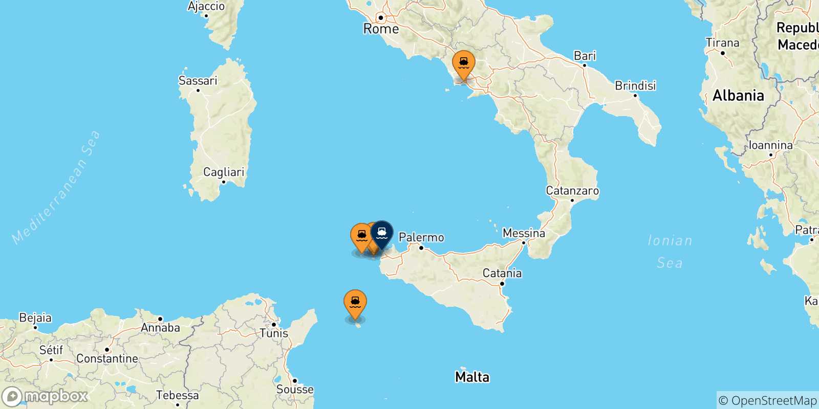 Mappa delle possibili rotte tra l'Italia e Trapani