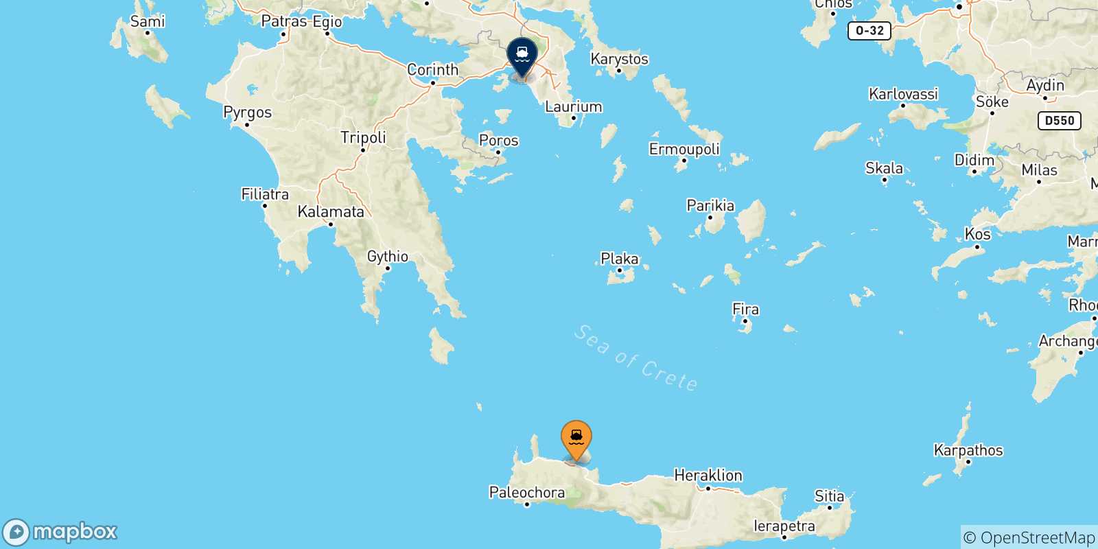 Mappa delle possibili rotte tra Chania e la Grecia