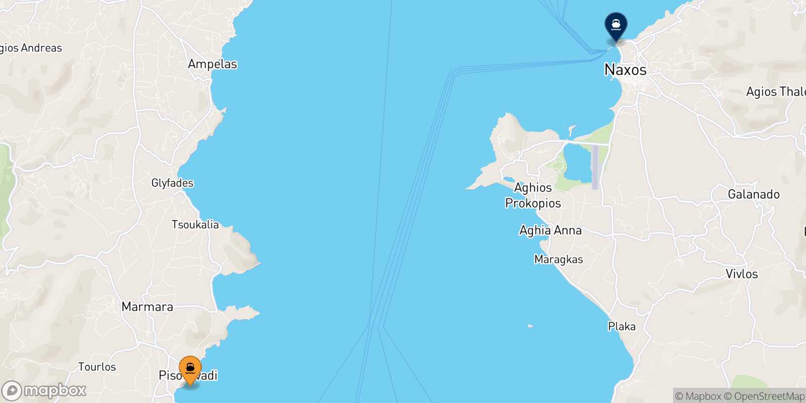 Mappa delle destinazioni raggiungibili da Piso Livadi (Paros)