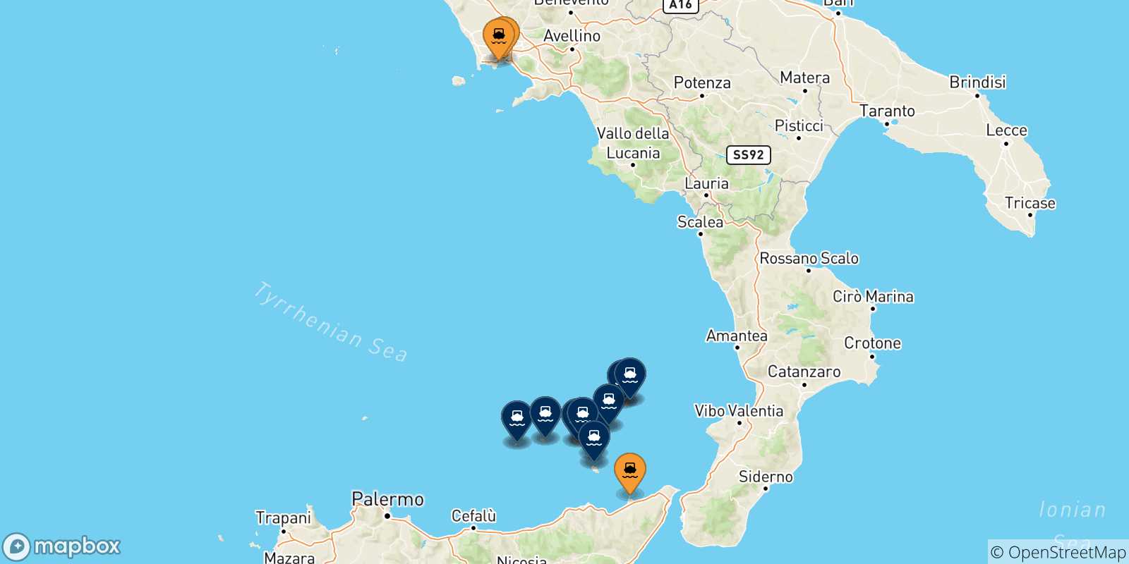 Mappa delle possibili rotte tra l'Italia e le Isole Eolie