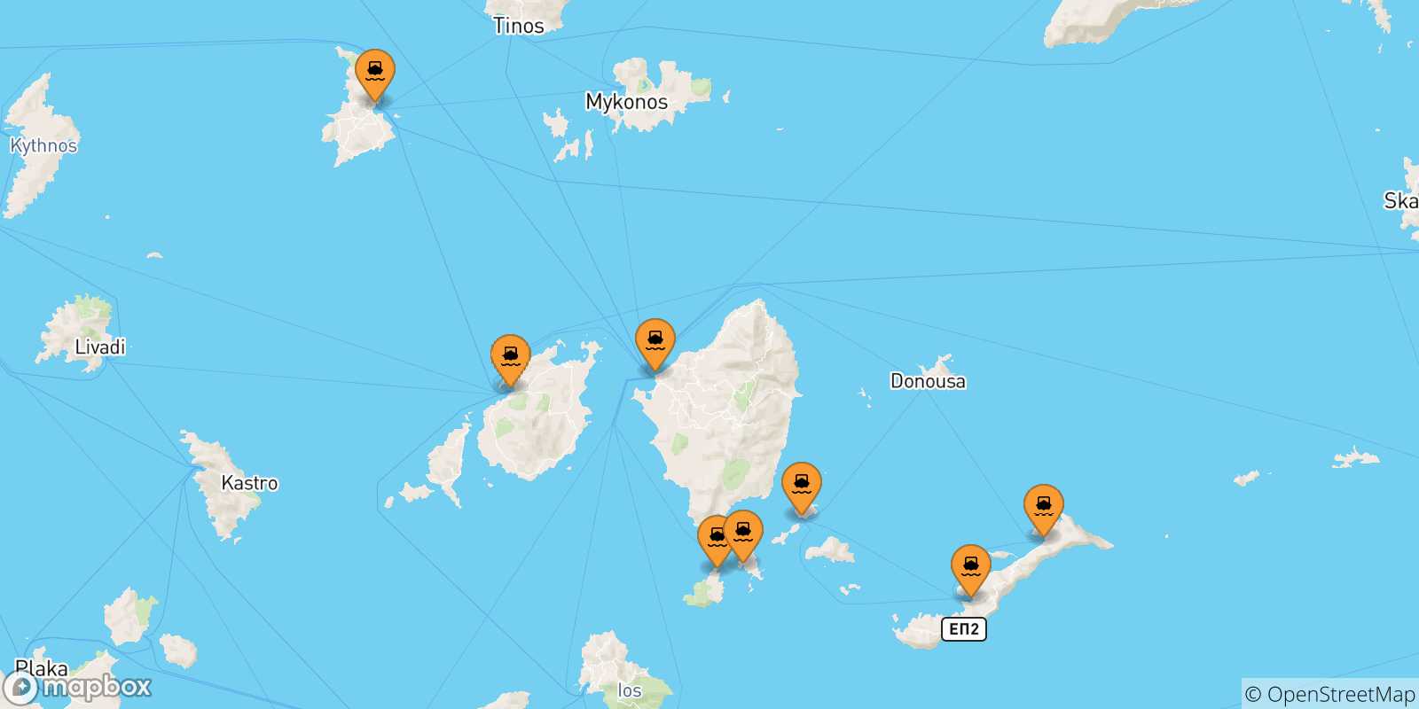 Mappa delle possibili rotte tra le Isole Cicladi e Donoussa