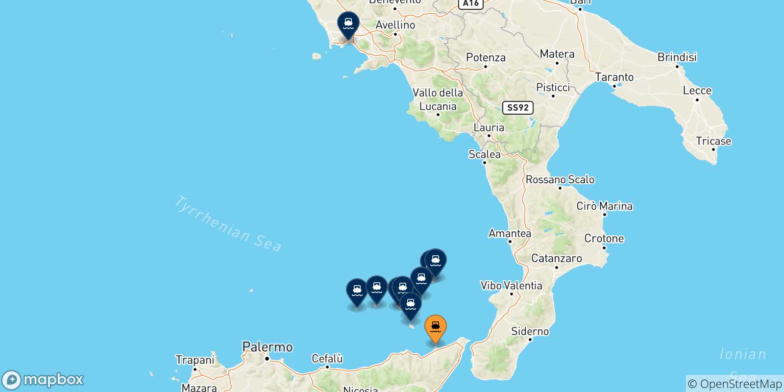Mappa delle possibili rotte tra Milazzo e l'Italia