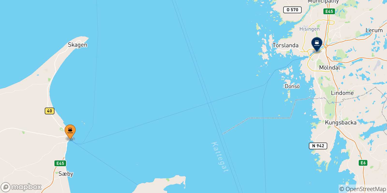 Mappa delle possibili rotte tra Frederikshavn e la Svezia