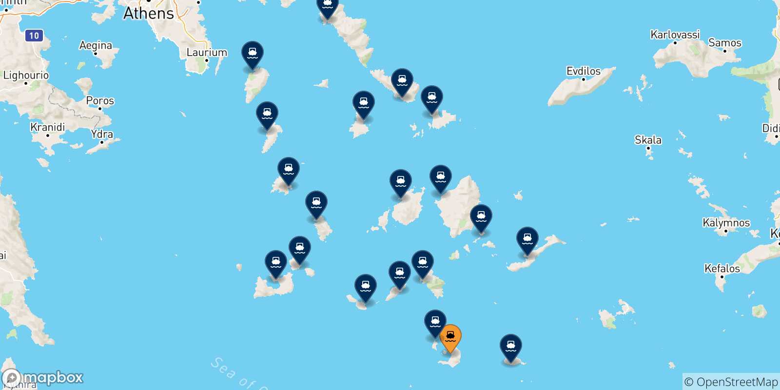 Mappa delle possibili rotte tra Santorini e le Isole Cicladi