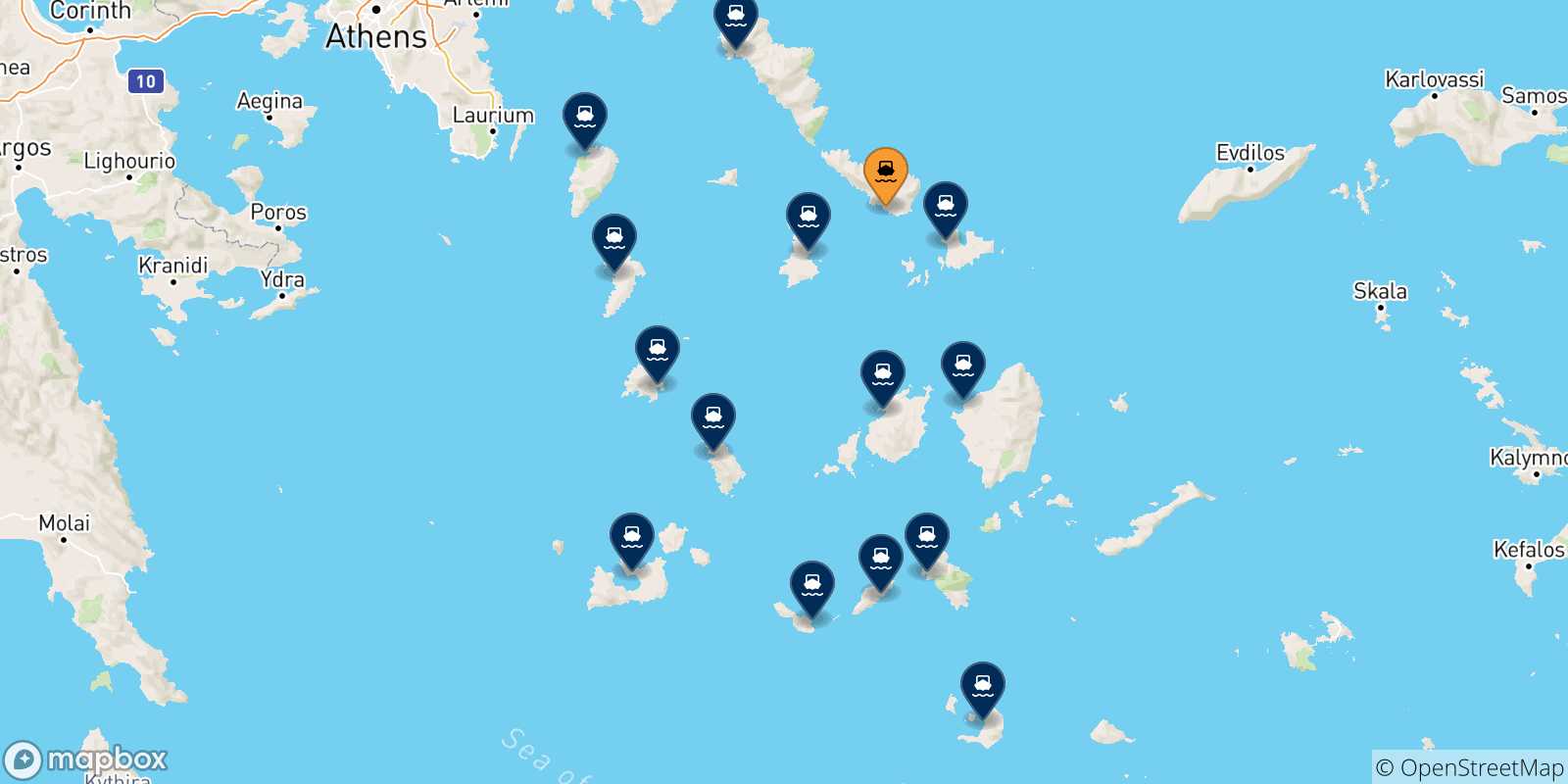 Mappa delle possibili rotte tra Tinos e le Isole Cicladi