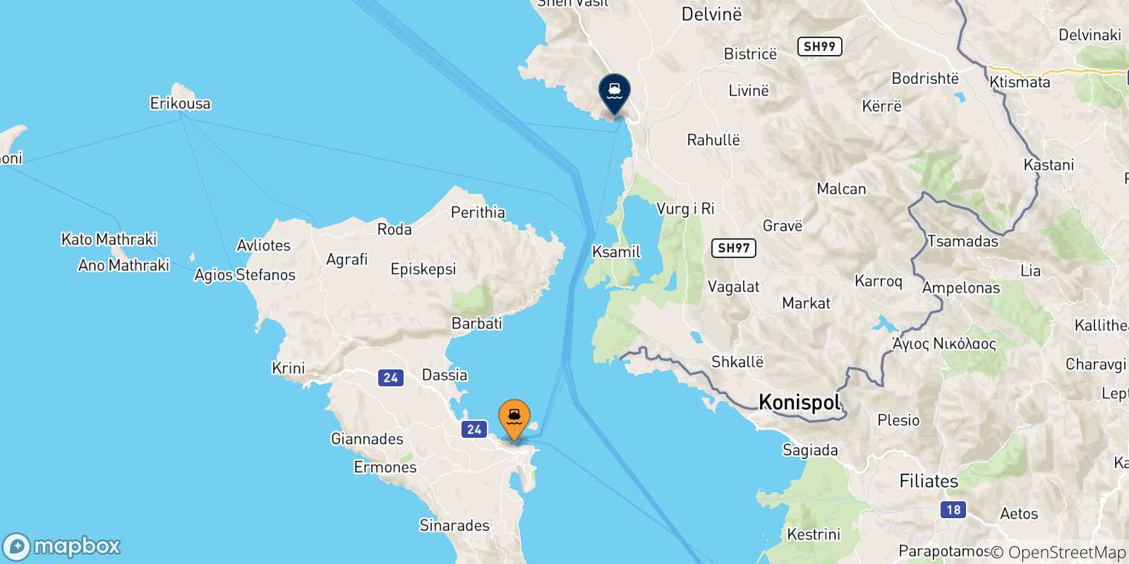 Mappa delle possibili rotte tra Corfu e l'Albania