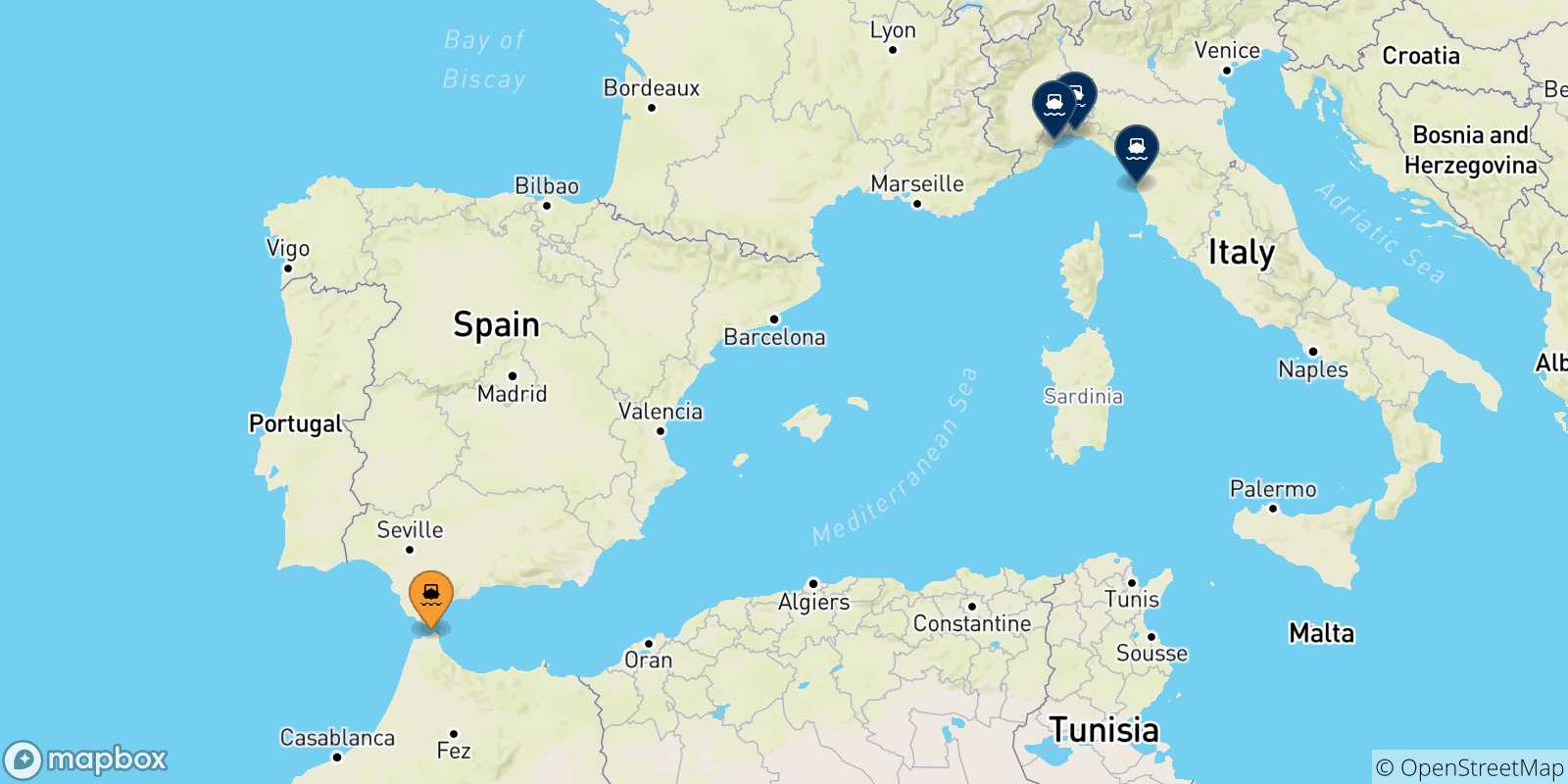 Mappa delle possibili rotte tra Tangeri Med e l'Italia