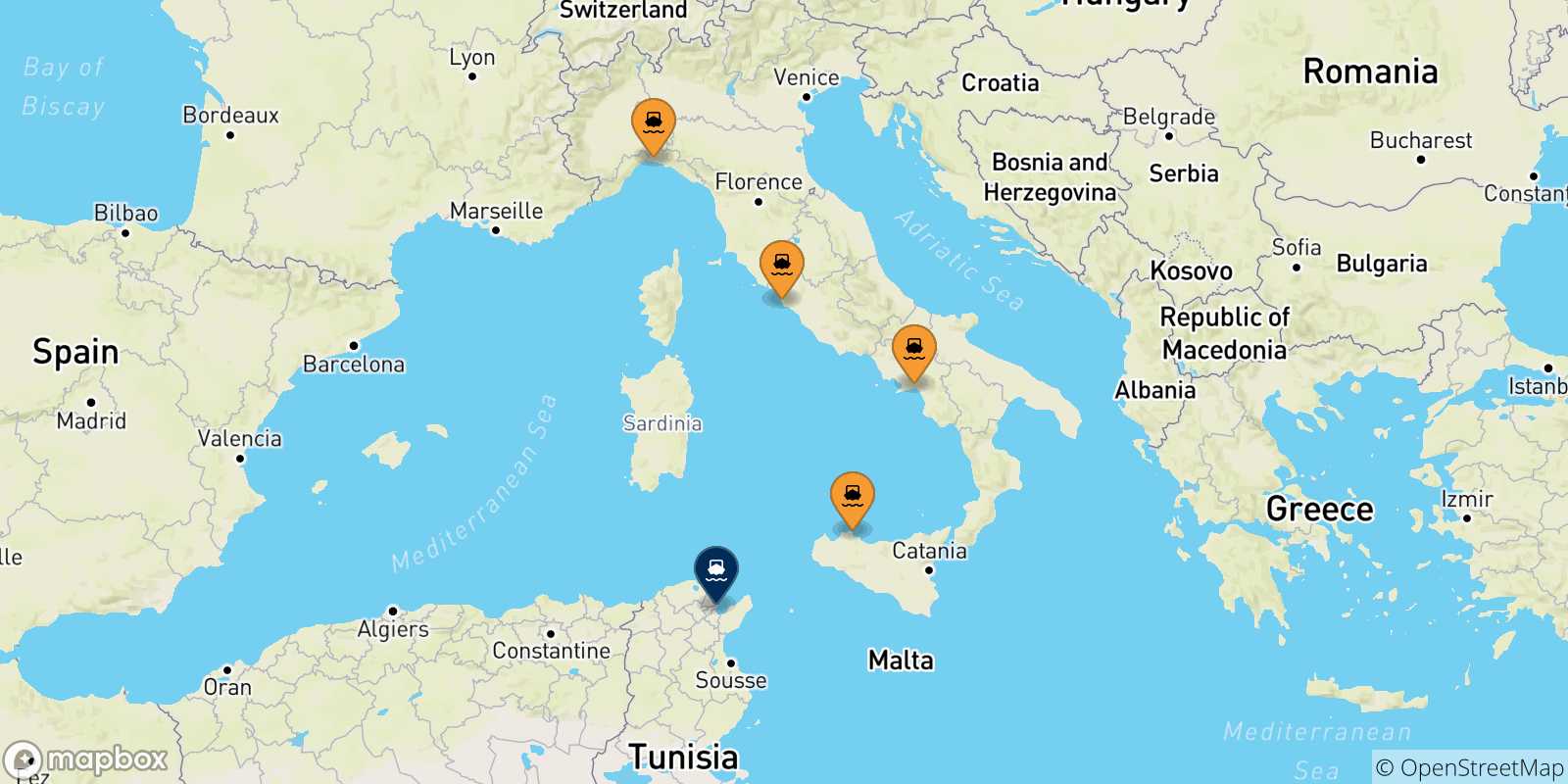 Mappa delle possibili rotte tra l'Italia e la Tunisia