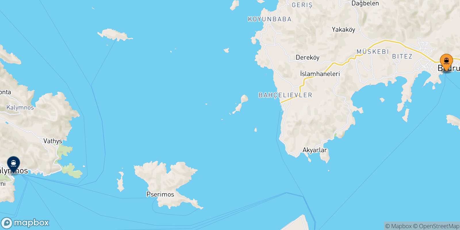 Mappa dei porti collegati con  Kalymnos