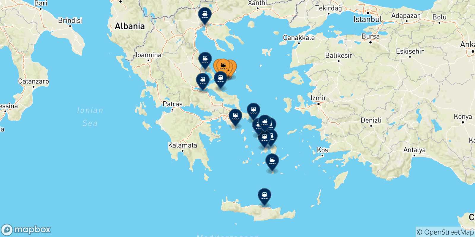 Mappa delle possibili rotte tra le Isole Sporadi e la Grecia