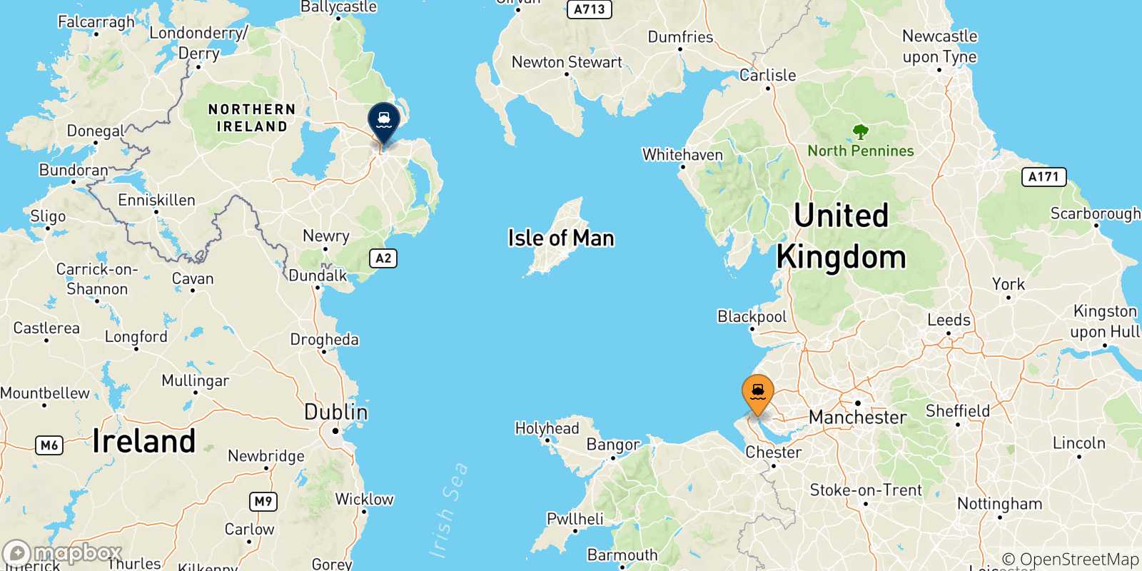 Mappa delle possibili rotte tra l'Inghilterra e Belfast
