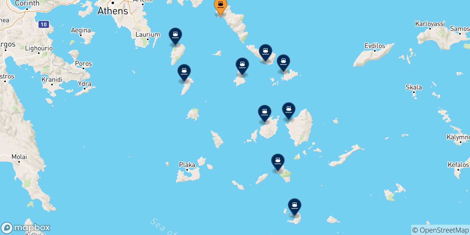 Mappa delle possibili rotte tra Andros e le Isole Cicladi