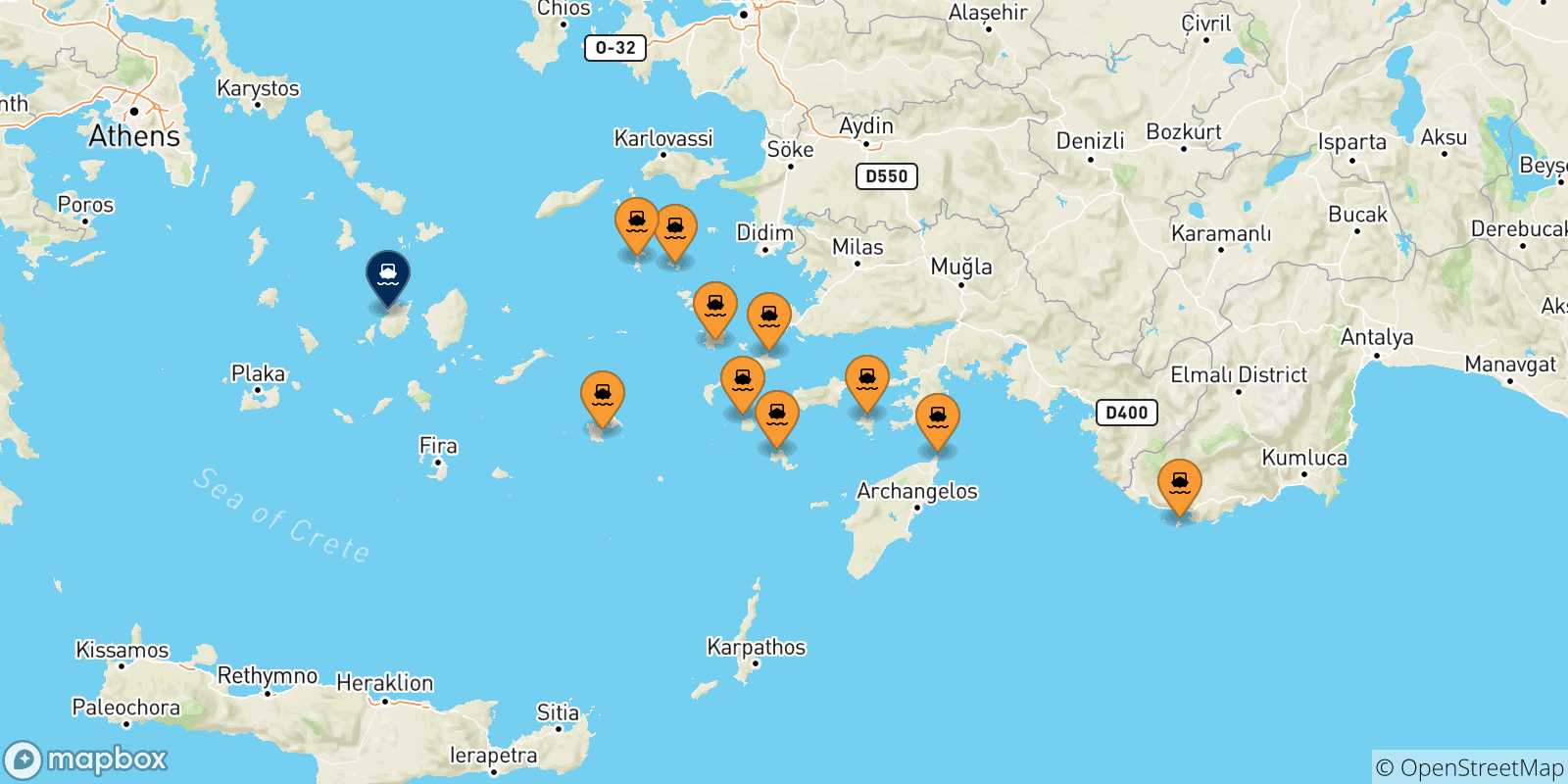 Mappa delle possibili rotte tra le Isole Dodecaneso e Paros