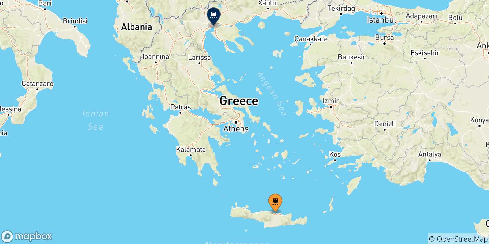 Mappa delle possibili rotte tra Creta e Salonicco