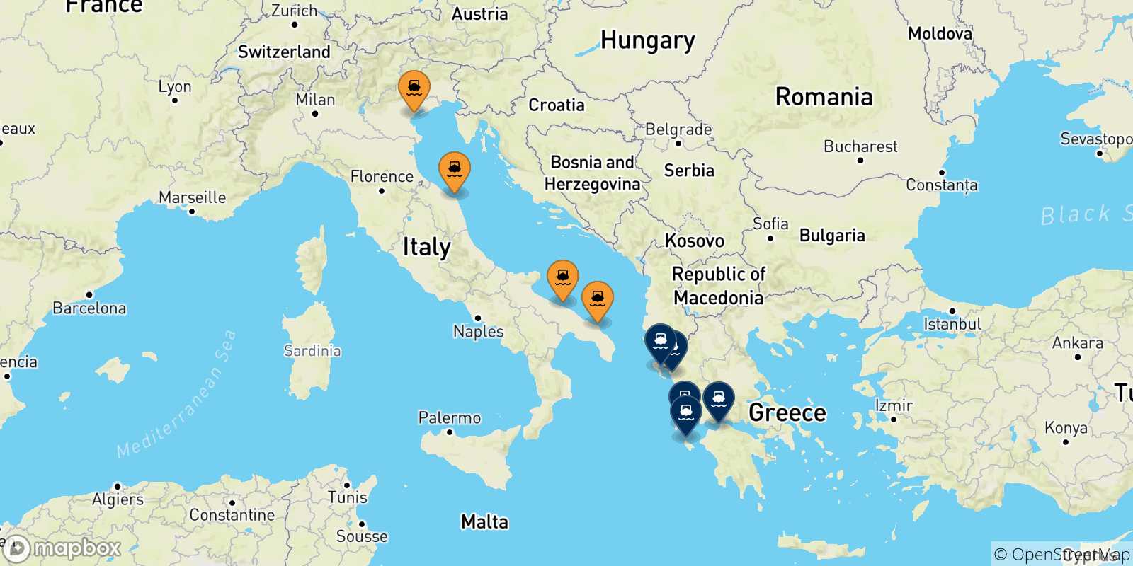 Mappa delle possibili rotte tra l'Italia e la Grecia
