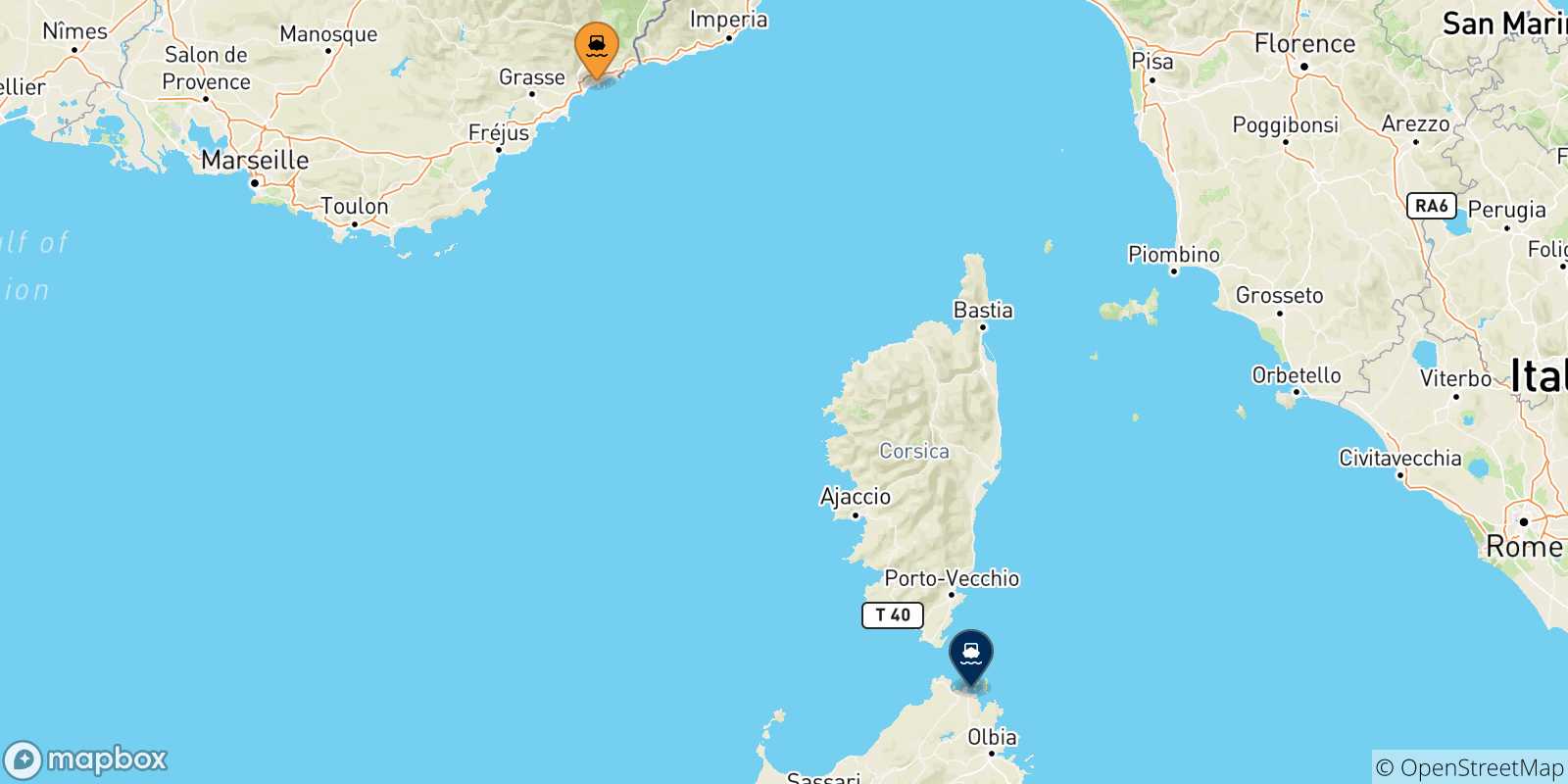 Mappa delle possibili rotte tra Nizza e la Sardegna