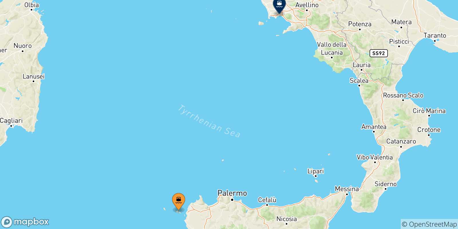 Mappa delle possibili rotte tra le Isole Egadi e Napoli Beverello