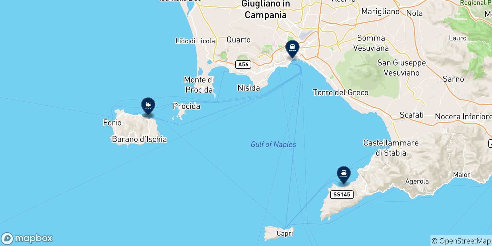 Mappa delle possibili rotte tra Ischia e l'Italia