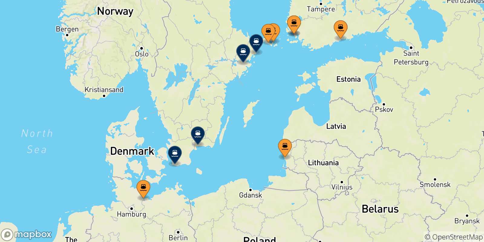 Mappa dei porti collegati con la Svezia