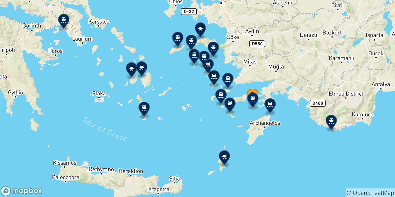 Mappa delle possibili rotte tra Symi e la Grecia