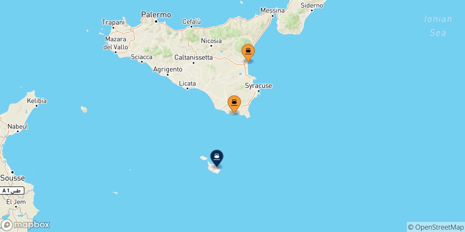 Mappa delle possibili rotte tra la Sicilia e La Valletta (Malta)