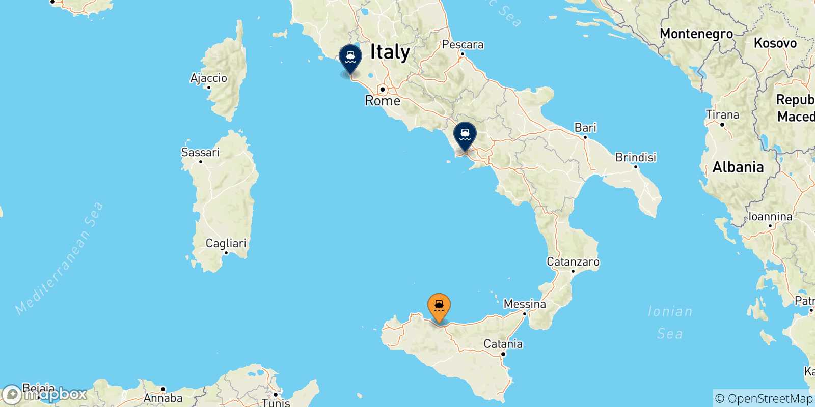 Mappa delle possibili rotte tra Termini Imerese e l'Italia