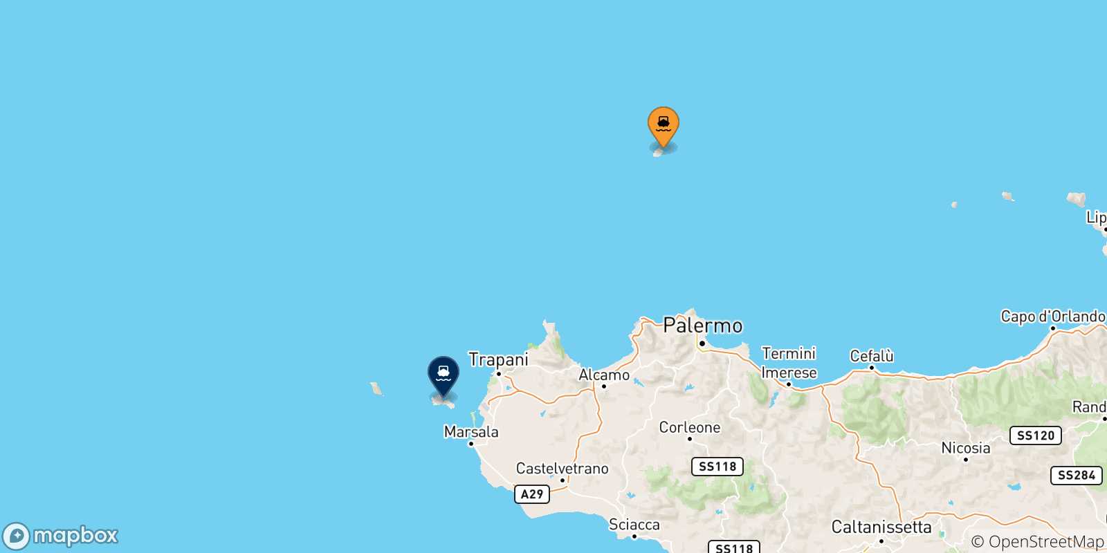 Mappa delle possibili rotte tra l'Isola Di Ustica e Favignana